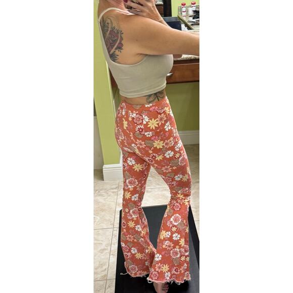 Altar’d State Cindy Retro Flare pant denim XS daisy pink coral floral bellbottom - Picture 5 of 8